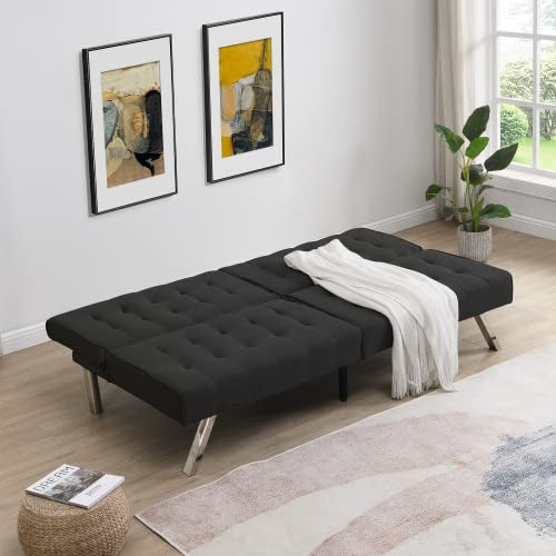 Convertible Futon Sofa Bed, Modern 68'' Fabric Sleeper Couch for Living Room,Guest Bed, Adjustable Backrest, Upholstered Recliner Chair, Loveseat for Compact Small Space Living Room (Black) - color: Black