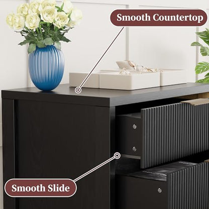 Fluted Nightstand, 23.7'' Wide Night Stand with 3 Drawers, Mid-Century Modern Bedside Table with Handles, Wood End Table for Bedroom, Black - color: Black