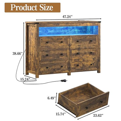 Brown Dresser 6 Drawer Dressers for Bedroom with LED Lights, Charging Station, Wood Chest of Drawers with Metal Handles, Modern TV Stand Storage Cabinet for Living Room, Hallway, Entryway - color: Brown, style: LED 6 Drawers