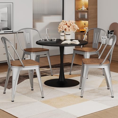 Alunaune 18inch Metal Dining Chair Set of 4 High Back Classic Chic Iron Farmhouse Chairs Industrial Stackable Coffee Stools Bistro Cafe Side Barstools Wood Seat-Silver - color: Silver