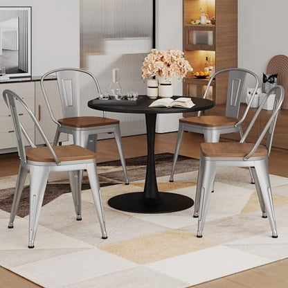 Alunaune 18inch Metal Dining Chair Set of 4 High Back Classic Chic Iron Farmhouse Chairs Industrial Stackable Coffee Stools Bistro Cafe Side Barstools Wood Seat-Silver - color: Silver