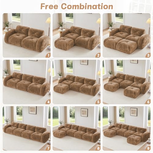 111" Velvet Modular Sofa Cama para Cuarto, Small Couches for Living Room with High Density Sponge, Cloud Loveseat with Tufted Design for Home Theater Study Space, Camel - color: Camel