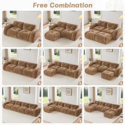 111" Velvet Modular Sofa Cama para Cuarto, Small Couches for Living Room with High Density Sponge, Cloud Loveseat with Tufted Design for Home Theater Study Space, Camel - color: Camel