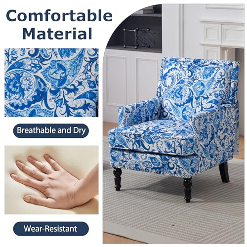 Accent Chair, Modern Comfy Mid-Century Anthropologie Accent Chairs | Linen Upholstered Wingback Lounge Arm Chair with Solid Wood,Single Floral Pattern Chair for Living Room/Balcony/Bedroom - color: Porcelain-sackcloth-001