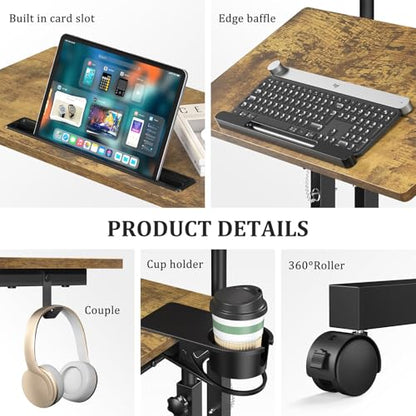 Enayplon Small Standing Desk with Wheels, Mobile Stand Up Desk, Portable Standing Table on Wheels for Walking Pad, Rolling Computer Desk Adjustable Height, Tall Table - color: Brown