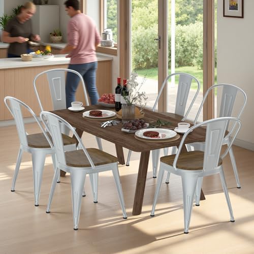 18 Inch Dining Chairs Set of 4, Farmhouse Metal Chairs with High Back and Wooden Seat, Stackable Industrial Bar stools for Dining Room(Silver) - color: Silver