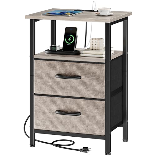 Nightstand with Charging Station, Side Table with 2 Fabric Drawers, Bedside Table with Open Shelf, 24.2" Tall End Table with USB Ports and Outlets, Night Stand for Bedroom, Greige - color: Greige, size: 1 Piece, style: Ordinary