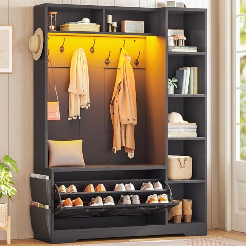 Itaar Hall Tree with Bench and Shoe Storage, Farmhouse Entryway Bench with Coat Rack, Shoe Cabinet with Flip Drawers, 7 Shelves, 10 Coat Hooks, Storage Bag, Led Lights, Black - color: Black, size: 11.8"D x 43.3"W x 70.9"H
