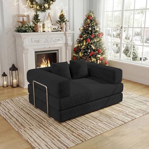 BSHOMGI Convertible Futon Sofa Bed, Boneless Couch for Living Room,Modular Futon Couch with Fixed-Shape Frame Corduroy Loveseat Sleeper Sofas with Pull-Out Couches for Small Space Apartment - color: Black, size: 53.15"Double Sofa