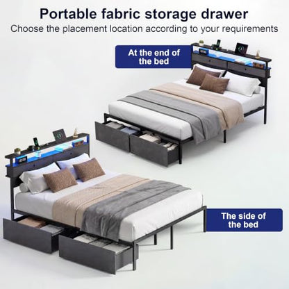Queen Bed Frames with LED Lights and Charging Station, Platform Bed with Metal Slats, Wood Headboard with 2 Fabric Drawers and Storage Shelves, No Box Spring Needed