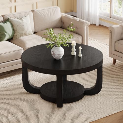 Tribesigns Round Coffee Table, 2-Tier Circle Coffee Table with Storage, Modern Wooden Accent Center Table for Living Room, Thick Tabletop & Base, Black - color: Black