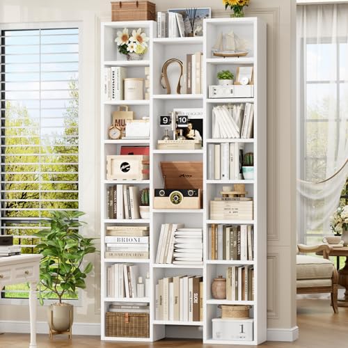 FOTOSOK 71'' H White Bookshelf with 21 Cubes, Triple Wide Tall Bookshelf | 8 Tier Bookcase with 8 Adjustable Shelves, Large Bookshelf DVD/CD Media Tower Storage, Freestanding Display Shelf Cabinet - color: White