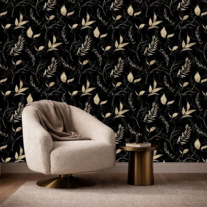 Dark Black and Gold Leaf Peel and Stick Wallpaper 17.7" x 59" | Self-adhesive removable waterproof leaf design for bedroom accent walls and renter friendly spaces - color: Black&Gold, size: 17.7" x 59"