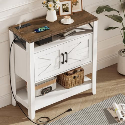 Console Table, Farmhouse Sofa Table with Power Outlet, Coffee Bar Cabinet with Storage, Entryway Table, Coffee Bar Table, for Entrance, Hallway, Kitchen, White and Walnut MXG01UWL
