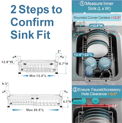 Over Sink Dish Drying Rack - Large Expandable Stainless Steel in Sink Dish Drainer with Square Corners, Rust Resistant with Lock Knob, Heavy Duty Fit for Modern Single & Double Sinks, Silver - color: Silver, size: 12.8"W | Fits Inner Sink 13.4"-22"L