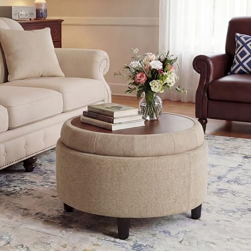 COLAMY Round Hidden Storage Ottoman with Reversible Tray Lid – Multi-Functional Footrest, Sturdy & Stylish Fabric Coffee Table for Living Room, Bedroom, or Entryway, Camel - color: Camel