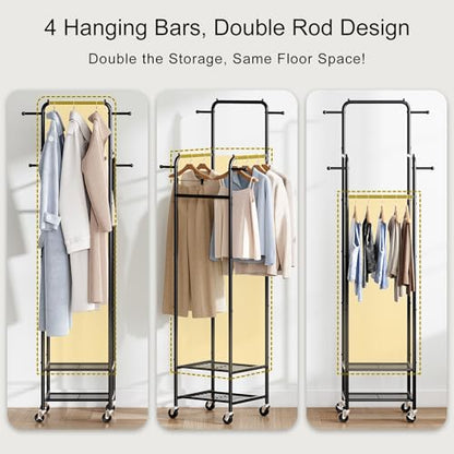 Small Clothing Rack with Wheels, Narrow Rolling Clothes Rack with 2 Shelves | Gasvadivum 71" Tall Sturdy Metal Garment Rack with 4 Hanging Rods & 4 Hooks, Portable Coat Rack for Bedroom, Bathroom, Black - color: Black