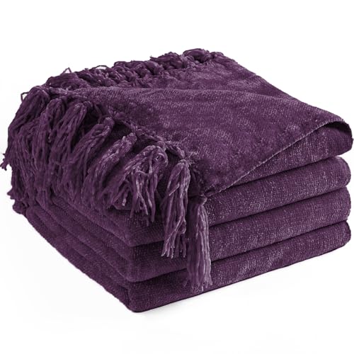Chenille Throw Blanket for Couch 50" x 60", Dark Purple | Soft Cozy Warm Throws with Fringe Tassel, for Living Room Bed Sofa Chair Cover, Lightweight Knitted Decorative Boho Blankets - color: Dark Purple, size: 50x60 inch