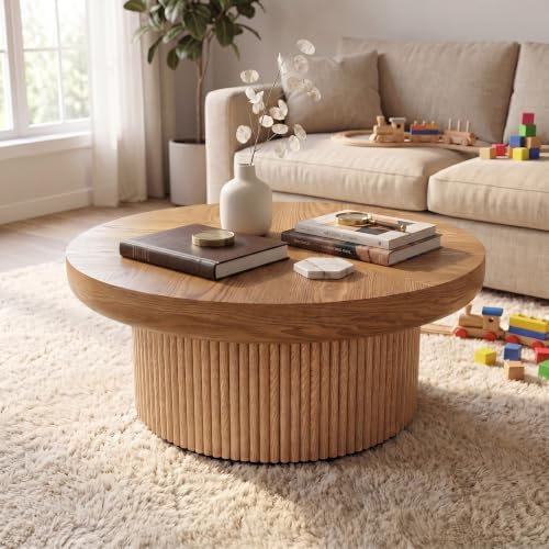 33.5" Round Coffee Table with Real Wood Parquet Top,Natural | Mid-Century Modern Tea Table Center Table, Thickened Tabletop, Sturdy Base for living Room, Easy Assembly - color: E-33.5" Natural