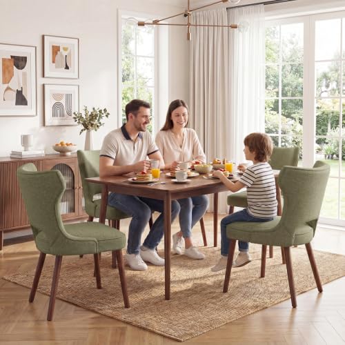 Wooden Dining Chairs Set of 2, Mid Century Dining Room Chairs with Solid Wood Legs, Upholstered Fabric Kitchen Chairs with Ergonomic Curved Backrest for Kitchen Dining Room, Green - color: Green, size: Set of 2