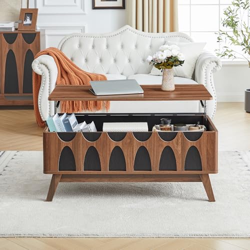 Bifins Coffee Table, Lift Top Coffee Table with Hidden Compartment | Mid Century Modern Coffee Table with Storage, Rectangular Center Table with Lift Tabletop for Living Room - color: Walnut and Black