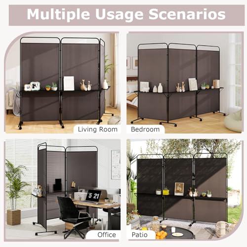 Giantex 3 Panel Room Divider with Wheels and Shelves, 103" W x 74" H Folding Privacy Screen, Rolling Partition Separator for Home Office Studio, Fabric Wall Divider for Room Separation (Brown) - color: Brown