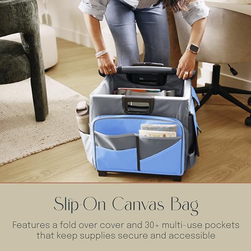 Folding Mobile Utility Cart, Canvas Organizer Bag, Blue/Grey | Durable plastic, 30 compartments, adjustable handle, 40 lb capacity, collapses to 3" thick, rolling wheels for easy transport - color: Blue/Grey