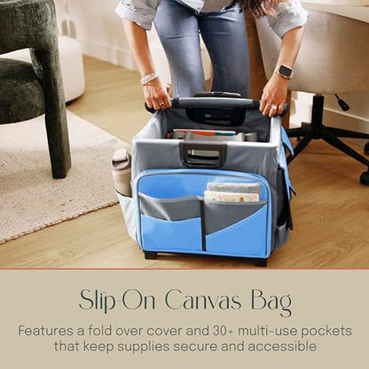 Folding Mobile Utility Cart, Canvas Organizer Bag, Blue/Grey | Durable plastic, 30 compartments, adjustable handle, 40 lb capacity, collapses to 3" thick, rolling wheels for easy transport - color: Blue/Grey