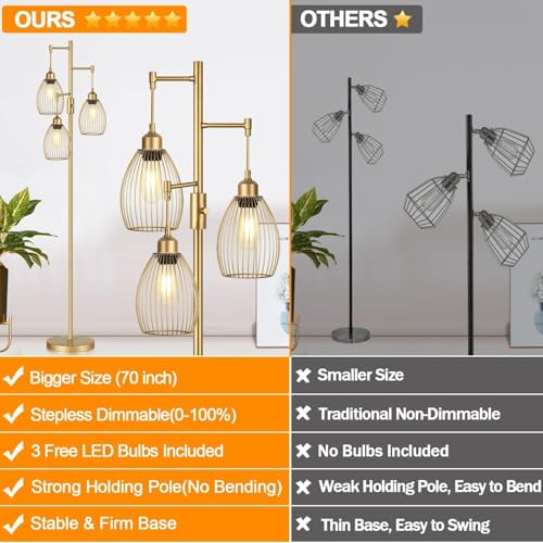 Dimmable Floor Lamp, Industrial Floor Lamps for Living Room, Gold Tree Lamp Standing Lamp Tall Lamps with 3 Elegant Teardrop Cage Head & 800 Lumens LED Bulbs for Living room Bedroom Office Dining Room - color: Gold-70 inches