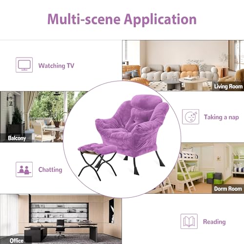 Youtanic Lazy Chair with Folding Ottoman, Accent Chair Plush Upholstered with Metal Structure and Non-Slip Pads, Sofa Armchair with Footrest and Side Storage Bag for Dorm, Room, Office, Purple - color: Plush Purple