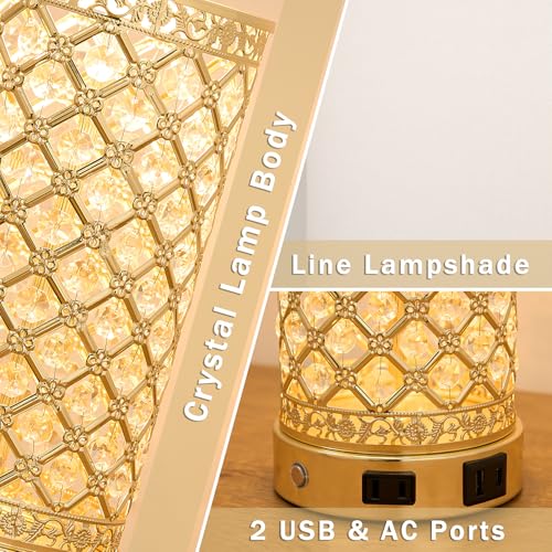 SAIWEYA 24in Crystal Table Lamp Set of 2 Bedroom Lamps for Night Stand | 3-Way Dimmable Touch with Night Ligh, 2 USB Ports + AC Outlet, White Fabric Shade, LED Bulb Included - color: Gold-2 Pack 24In