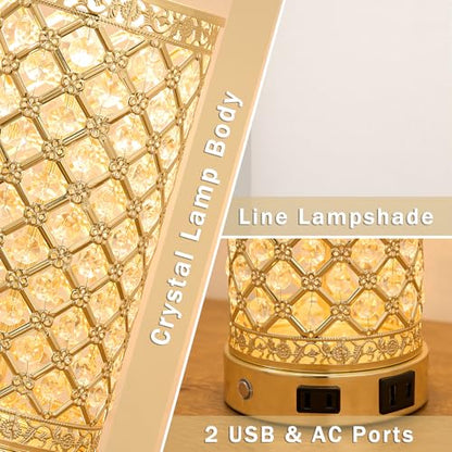 SAIWEYA 24in Crystal Table Lamp Set of 2 Bedroom Lamps for Night Stand | 3-Way Dimmable Touch with Night Ligh, 2 USB Ports + AC Outlet, White Fabric Shade, LED Bulb Included - color: Gold-2 Pack 24In