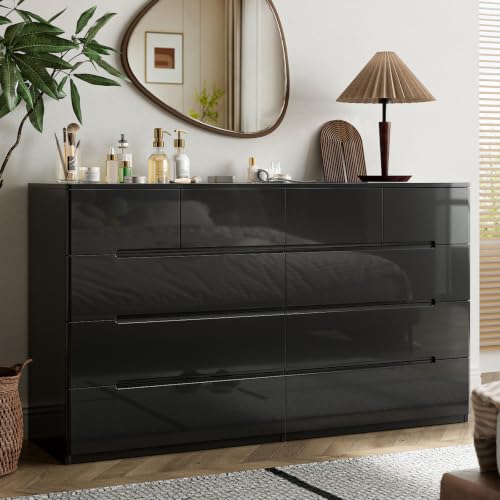 10 Drawer Dresser for Bedroom, 55" Long High Gloss Dresser, Black | Modern Dresser Chest of Drawers, Handle-less Design, High Gloss Panel, Dresser TV Stand, Wooden Dressers for Bedroom, Closet - color: Black, size: 15.7"D x 55"W x 31.5"H (10 Drawers)