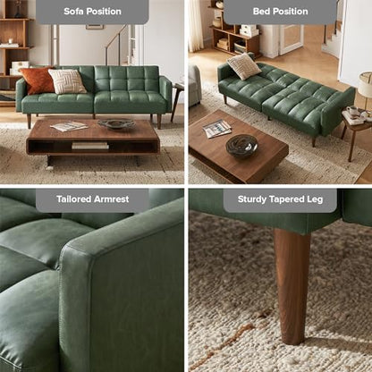 mopio 76.4" Futon Sofa Bed Tufted Styled, Sleeper Couch (Sage Green Faux Leather) - color: Aaron Pu, Sage Green