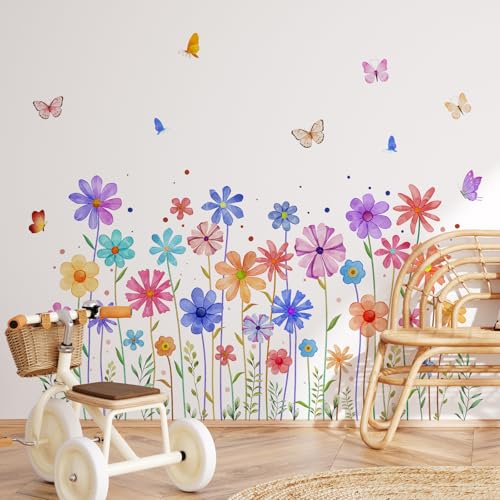 3 Pieces Colorful Flowers Wall Decals Vinyl Colorful Flowers Wall Stickers Removable Floral Art Murals Peel and Stick Colorful Decor for Girls Bedroom Living Room Nursery - style: Colorful Flowers