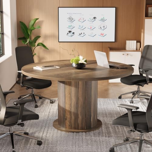 Tribesigns 47-Inch Round Conference Table with Sturdy Pedestal for 4-6 | Rustic Meeting Table with Thick Tabletop, Circular Office Table for Conference Room, Meeting Room, Home Office, Brown
