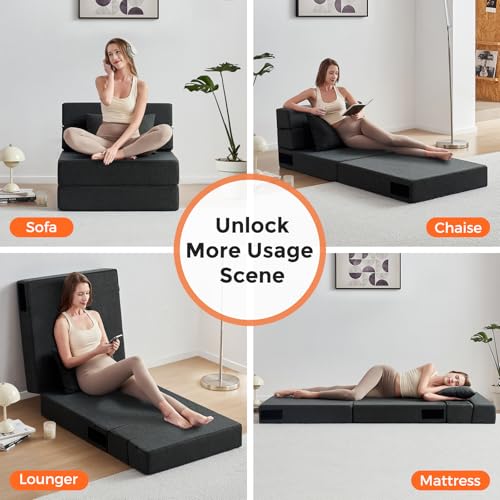 Folding Sofa Bed - Convertible Sleeper Chair with Pillow, Folding Chair Bed, Foam Floor Mattress, Futon Couch, Lazy Sofa for Living Room/Dorm/Guest Room/Home Office,Single，Gray