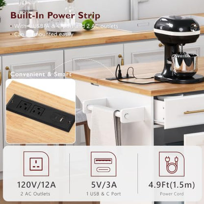Kitchen Island with Trash Can Storage & Pull-Out Trays | Solid Rubberwood Countertop Kitchen Island on Wheels, Drop Leaf, Power Outlet, 3 Drawers - color: White