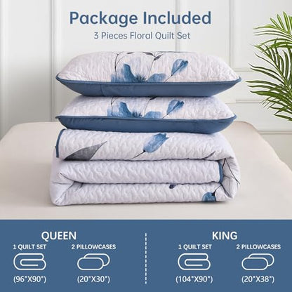 Mybedsoul Full/Queen Quilt Set Blue, 3 Pcs Soft Bedspreads & Coverlets Set | Summer Lightweight Farmhouse Botanical Bedding Set with 2 Shams, Reversible Polyester Coverlet Set for All Seasons, 96"x90" - color: Blue, size: Queen96"x90"