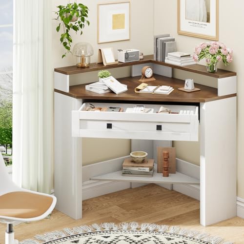 Small Corner Desk, Triangle Computer Desk for Small Space, Rustic White | 31.5" Corner Desk with Drawer and Monitor Stand, Farmhouse Computer Desk with Storage Shelf for Home Office, Living Room