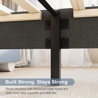 Einhomn Twin Size Bed Frame with Headboard, Upholstered Linen Platform Bedframe with Solid Wooden Slats, Noise-Free, No Box Spring Needed, Easy Assembly, Dark Grey - color: Dark Grey, size: Twin