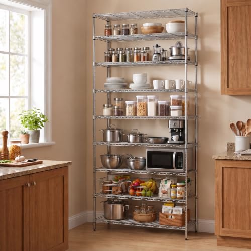 Finnhomy 9-Tier Wire Shelving Unit Adjustable Steel Wire Rack Shelving, 14x36x82 Inches 9 Shelves Metal Storage Rack, Pantry Shelves for Storage, Metal Garage Shelves with NSF Certified, Chrome - color: Chrome, size: 14x36x82
