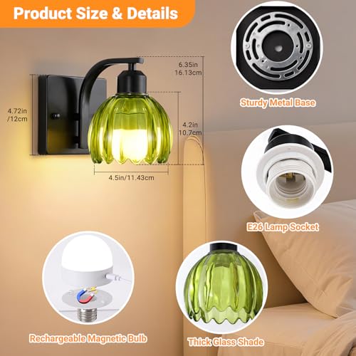 Battery Operated Wall Sconce Set of Two, Black Bedside Wall Mounted Lamps with Green Tulip Glass Shade, Vintage Dimmable Bathroom Sconces Wall Lighting for Mirror Bedroom Living Room - color: Black