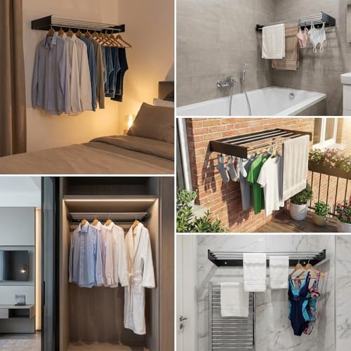 HILLHOUSE Wall Mounted Clothes Drying Rack, Space Saving Foldable Laundry Drying Rack with Stainless Steel Rods, Heavy Duty Retractable Towel Rack for Indoor Bathroom & Laundry Room Organization