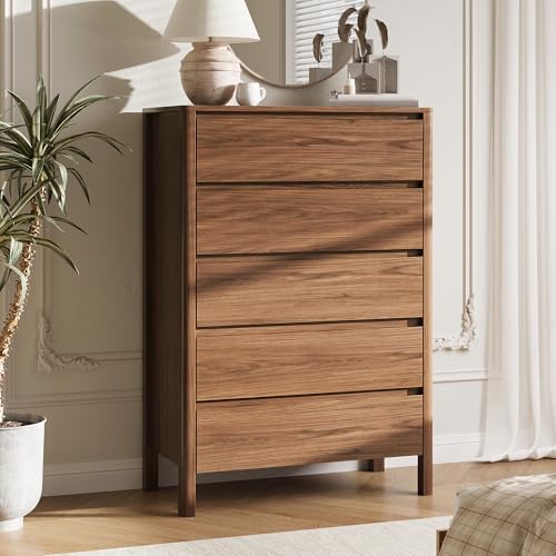 MAISONARIA Walnut 3-Piece Dresser Bedroom Set, 5 Drawers Dresser & 3 Drawer Nightstands with Hidden Handles, Wood Chest of Drawers for Bedroom, Living Room, Entryway - color: Walnut, size: 5+3