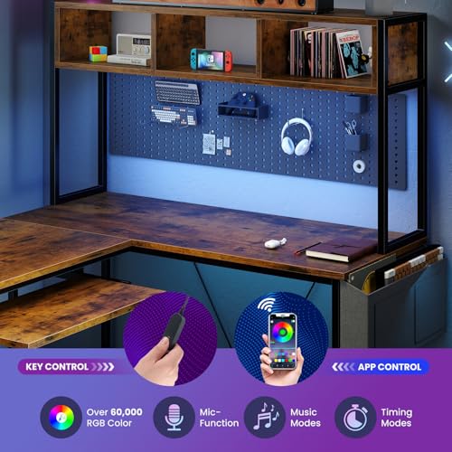 DUMOS 67" L Shaped Gaming Desk, Reversible Computer Desks with LED Lighting, Corner Desk for Compact Spaces with Keyboard Tray & Storage Shelf, Metal Frame PC Gaming Table for Home Office,Rustic Brown
