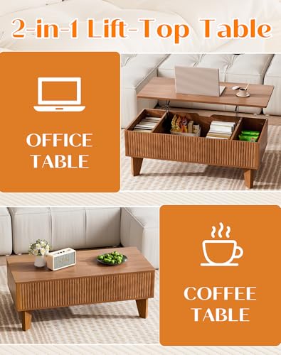 Rectangular Lift Top Coffee Table with Storage, 41.5" Mid Century Modern Living Room Center Table, Wood Fluted Coffee Table for Home Office, Walnut - color: Walnut-rectangle