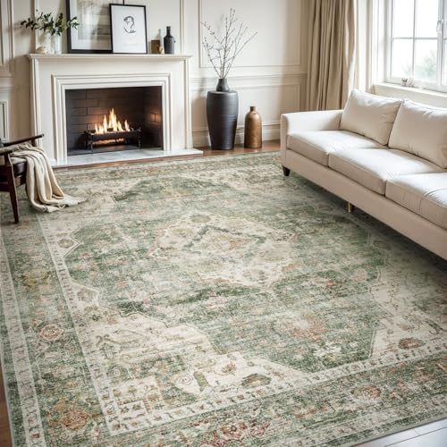 AMOAMI-Area Rug 5X7 Rugs for Living Room-Vintage Soft Green Rugs for Bedroom-Non Slip Carpet-Machine Washable Rug for Dining Room Living Room Bedroom Office Under Table - color: Olive Green, size: 5' X 7' (Rectangular)