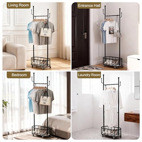 Free Standing Rolling Clothes Rack with Wheels Coat Rack - Black | Small Narrow Cloth Hanger Metal Garment Racks for Bedroom Livingroom Lab Dress Shirts Rack with Storage Shelves - color: Black