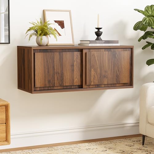 Modern Floating TV Stand, Accent Nightstands Wall Mounted Bedside Table Handless Storage Cabinet with Sliding Doors for Living Room Bedroom, Brown - color: Brown, size: 1PC